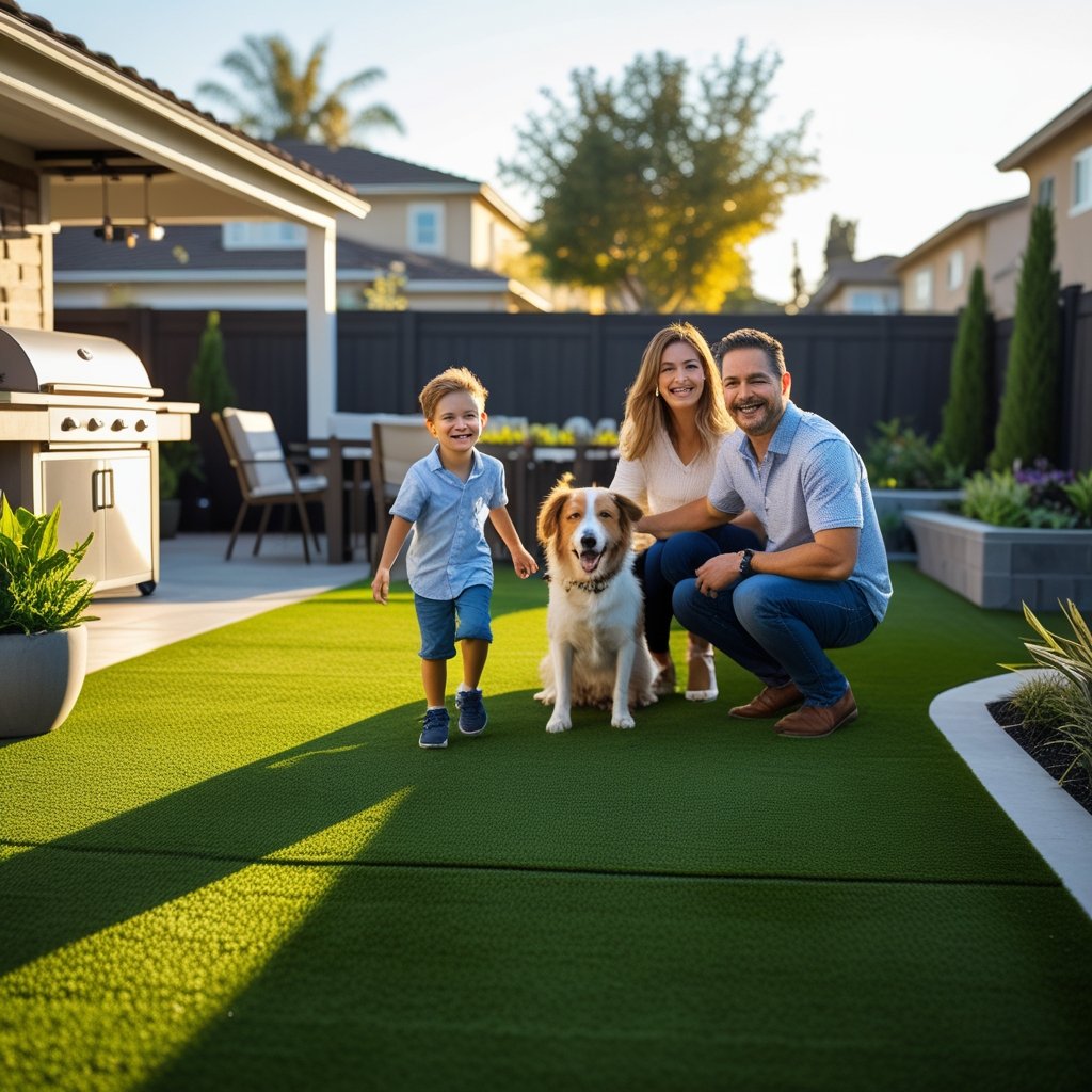Family enjoying their clean artificial turf backyard in San Diego